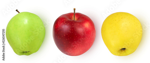 Green, yellow and red apples on isolated white background