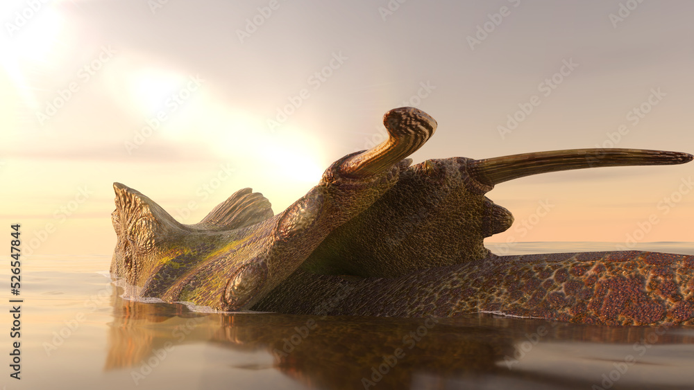 Dinosaur in the ocean in back view with 3d rendering.