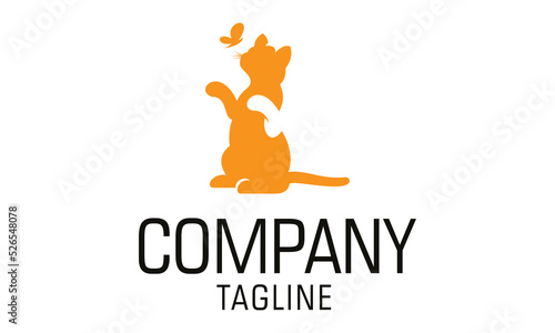 Orange Color Color Animal cat paly with Butterfly Logo Design