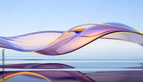 3d render abstract background in nature landscape. Transparent glossy glass flow on water. Holographic curved wave in motion. Iridescent design element for banner background, wallpaper.