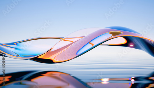 Fototapeta Naklejka Na Ścianę i Meble -  3d render abstract background in nature landscape. Transparent glossy glass flow on water. Holographic curved wave in motion. Iridescent design element for banner background, wallpaper.