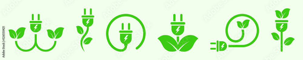 Set of green leaf and electric plug vector icons. Electric adapter and leaves. Green energy symbol. Flower cable. Save ecology. Set of green leaf and electric plug vector icons. Electric adapter and leaves. Green energy symbol. Flower cable. Save ecology.