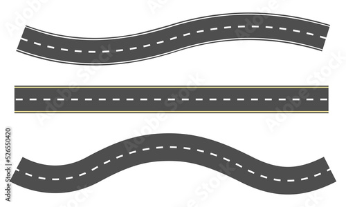Set of roads vector icons. Straight and curved highway. Road with marking. Grey asphalt with strips.  Top view.