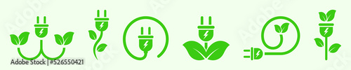 Set of green leaf and electric plug vector icons. Electric adapter and leaves. Green energy symbol. Flower cable. Save ecology.