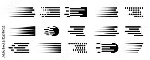 Set of speed lines vector icons. Fast motion effect. Black horizontal action lines. Speed and fast action symbol. Comic element. Superhero sign. photo