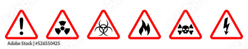 Set of red danger vector signs. Hazard icon. Triangular danger signs. Warning from hazard. Vector 10 EPS.