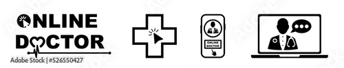 Set with online doctor vector icons. Video chat with doctor on laptop or phone. Remote visit. Vector 10 EPS.