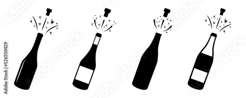 Set with black champagne bottle explosion vector icons. Uncorked cork from champagne. Exploded cork with sparkling champaign. Vector 10 EPS.