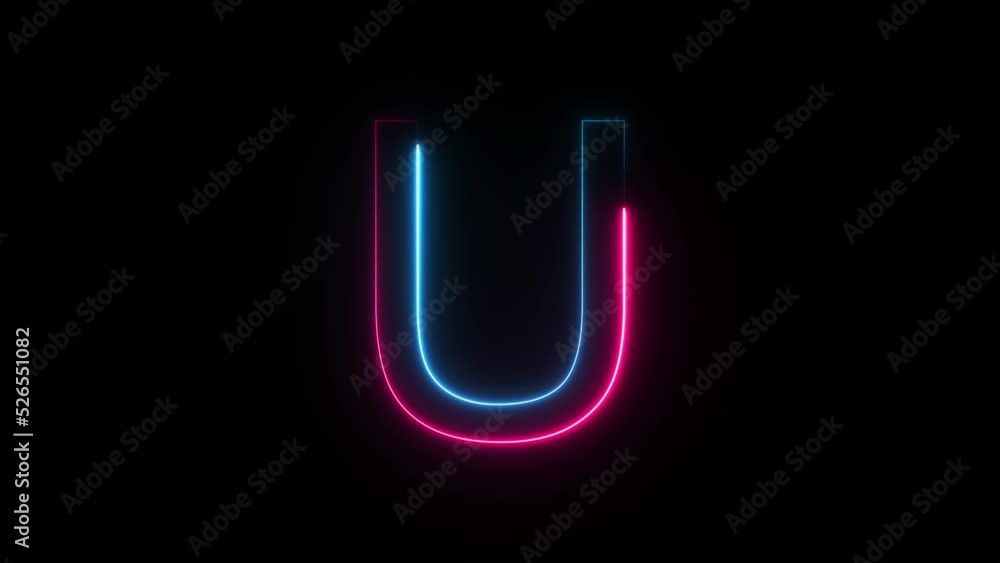 Bright neon glowing light blue pink letter U. Seamless looping animation on black background Bright neon glowing light blue pink letter U. Seamless looping animation on black background