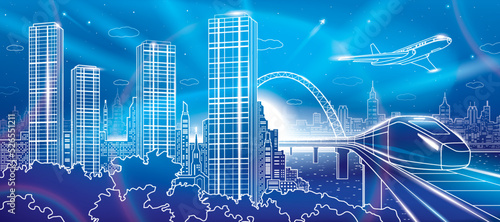 Train move on bridge above sea. Night city. Towers and skyscrapers, infrastructure and transport illustration. Airplane fly. White outlines at blue neon glow background, vector design art