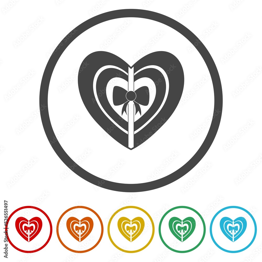 Heart gift box icon. Set icons in color circle buttons Heart gift box icon. Set icons in color circle buttons