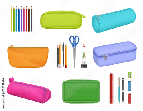 Stationery cases. School pens brushes in colored pencil cases for education decent vector realistic pictures set
