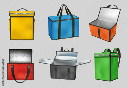 Courier bags. Waterproofing containers for fresh food delivery pizza packages decent vector realistic boxes