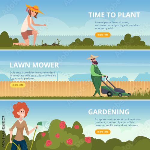 Gardening banners. Home plants and green grass care outdoor nature exact vector cartoon template with place for text