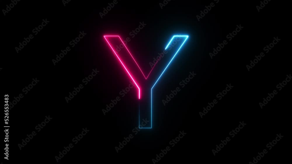 Bright neon glowing light blue pink letter Y. Seamless looping animation on black background Bright neon glowing light blue pink letter Y. Seamless looping animation on black background