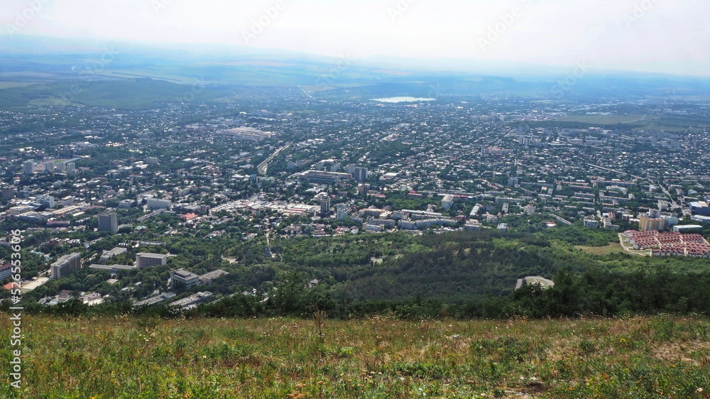 Mountain landscapes. Panoramic view from Mount Mashuk to the city of Pyatigorsk and the surrounding landscape. North Caucasus, Russia.