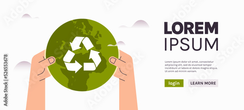 Human hands holding planet earth and ecology environment concept flat vector illustration.