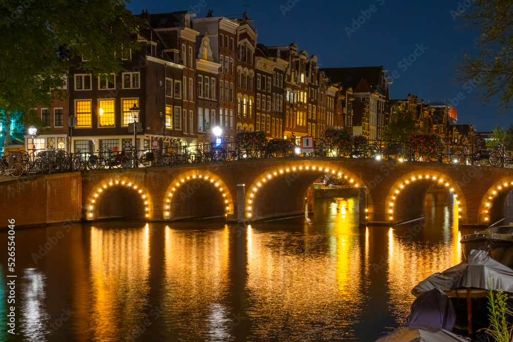 Night Illuminated Bridge in Amsterdam