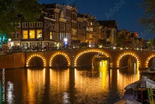 Night Illuminated Bridge in Amsterdam