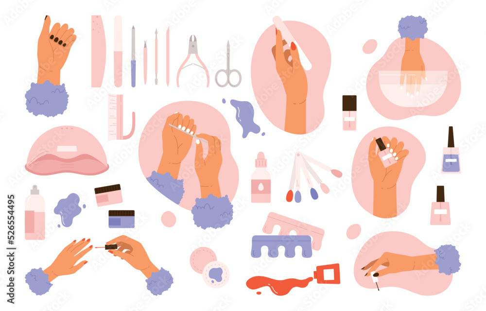 Manicure tools set. Women's hand and accessories collection. Products for nail care in the salon or at home. Beauty treatment aesthetic. Vector illustration in cartoon style. Isolated white background