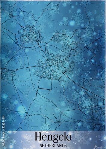 Christmas background, Chirstmas map of Hengelo Netherlands, greeting card on blue background.
