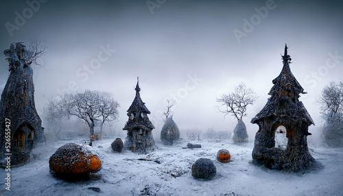 Witch Village with pumpkins in the mist.illustration halloween for wall paper.3D illustration.  © Supharat