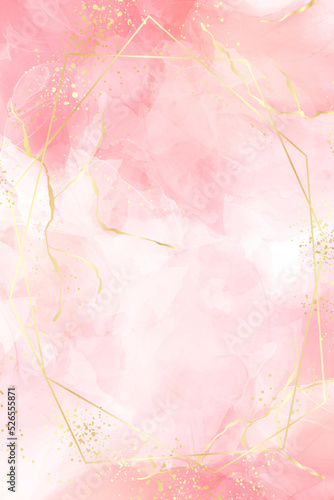 Rose pink liquid watercolor background with golden frame. Dusty blush marble alcohol ink drawing effect. Vector illustration design template for wedding invitation, menu, rsvp