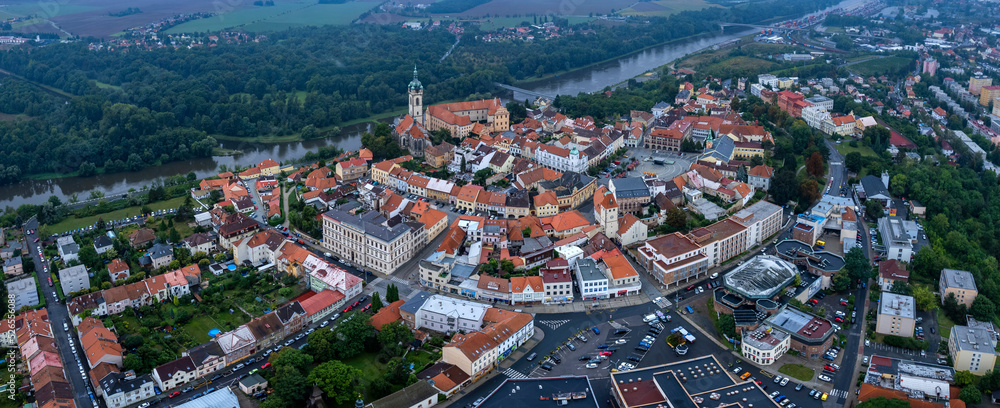  Aerial view of the city Melnik in the czech Republic on a rainy summer day.