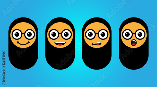 Set of muslim girl expressions in hijab icons. Facial expressions young moslem businesswoman wearing hijab. Arabian woman face covered with a scarf.