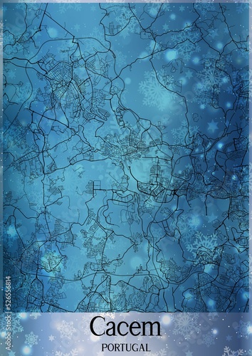 Christmas background, Chirstmas map of Cacem Portugal, greeting card on blue background.