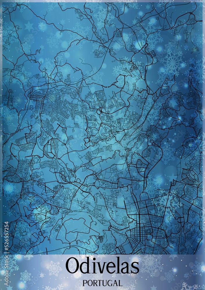 Naklejka premium Christmas background, Chirstmas map of Odivelas Portugal, greeting card on blue background.