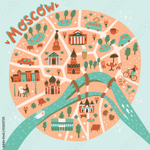 Moscow map illustration in cute cartoon style with doodle details. River, Kremlin, Tretyakov gallery, Grand theatre. Vector artwork. Main landmarks and tourist attractions. Travel guide