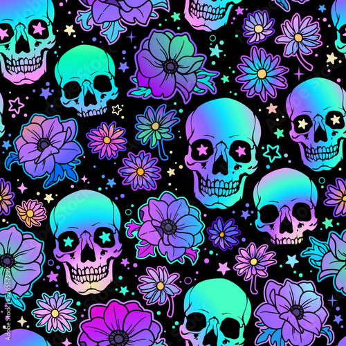seamless illustration of holographic bright human skulls and flowers