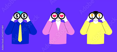 People look through binoculars and searching money, love and ideas. Woman looking love, man finding job or business benefits. Creative neon vector characters