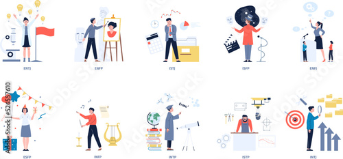 Personalities mbti types. Logic problem solution, individuals character. Personality mindset type, creative and business people. Recent psychology vector set