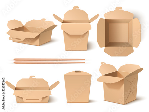 Brown wok box and chopsticks. Realistic takeaway noodles and rice containers, bamboo chopsticks mockup, craft paper design, different angles view and sizes, 3d elements, utter vector set