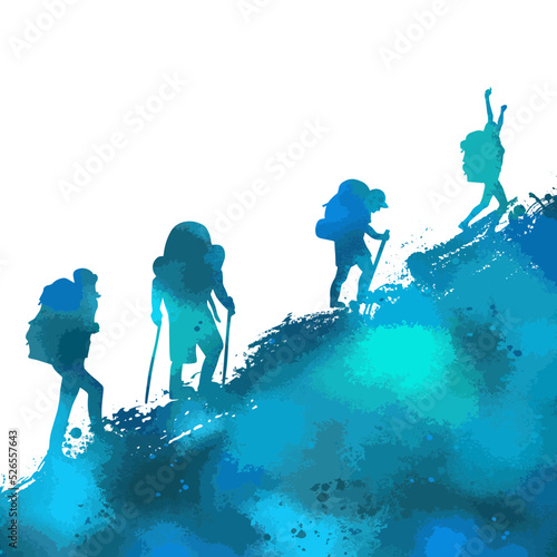 Climbing the blue mountain by tourists. Achieving success. Vector illustration