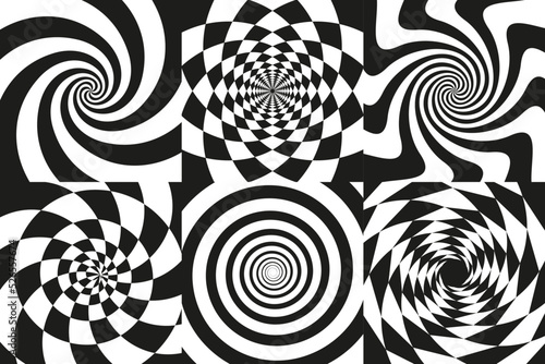 Hypnotic optical spirals background. Psychedelic spiral images, black art swirl patterns. 3d twist effect, surreal illusion tidy vector set