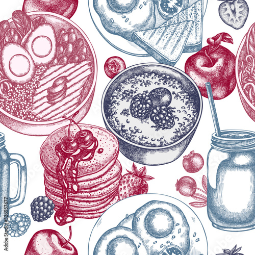 Breakfast seamless pattern background design. Engraved style. Hand drawn pancakes, bowl with avocado, porridge with berries, fried eggs, raspberry, blueberry, strawberry, apples, smothie jars.