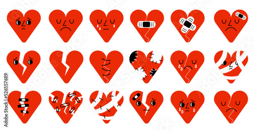 Cartoon sad broken hearts. Kawaii characters, red love symbols with wounds, cracks and chips, negative emotions faces, various expression and feeling, stickers collection, swanky vector set