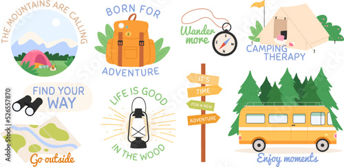 Forest adventure motivation badges. Nature tourist graphic sign, forest camp travel typography. Hiking explore hipster stickers, wild tourism racy vector labels