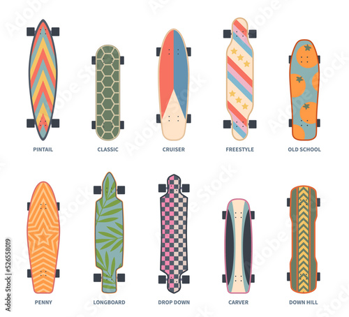 Color skate board set. Cartoon patterned longboards, decorative skateboards, different types, teenager hipster extreme sport equipment. Front view classic, carver and freestyle nowaday vector