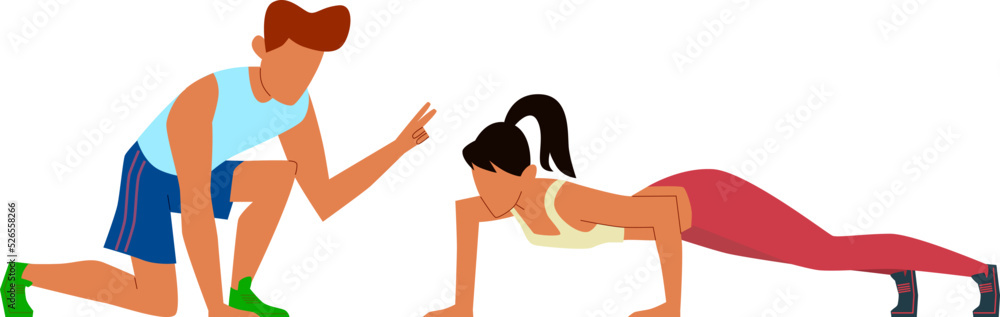 Fitness coach training woman. Push ups exercise Fitness coach training woman. Push ups exercise