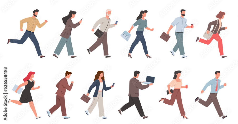 Hurrying business people. Running employees and managers in office clothes, busy characters rushing to work, men and women with briefcases, watches and phones nowaday vector cartoon flat set