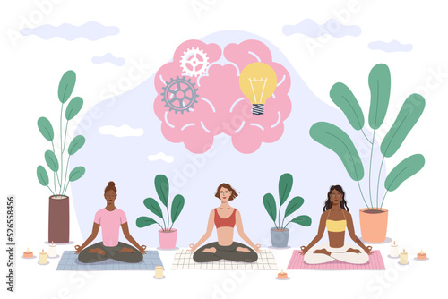 Group body training for peaceful, creative thinking, harmonious life. Happy group of women meditate in lotus position, relax healthy lifestyle. Vector cartoon flat isolated concept