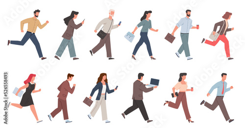 Hurrying business people. Running employees and managers in office clothes, busy characters rushing to work, men and women with briefcases, watches and phones nowaday vector cartoon flat set