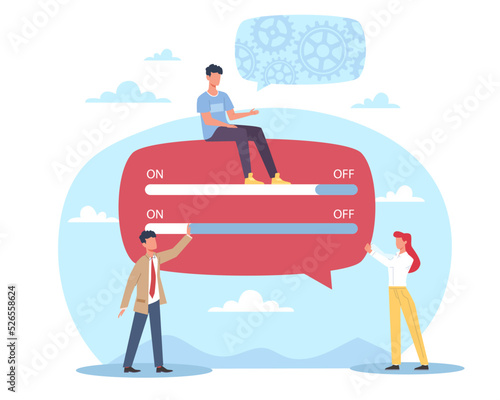 Online technology, customization application, adaptation website or service. Men and woman changing user interface. Team of programmers doing research and prototyping. Vector concept