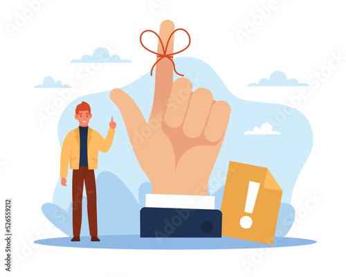 Reminder, symbolic memory, sclerosis man, forgetfulness. Huge hand with red knotted string on finger. Memorization method. Dont forget important task. Vector cartoon flat concept