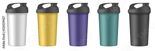 Set of multicolored sport cups or bottles for water. Protein shake drink. Green, white, yellow, black and purple travel cups. Thermo mug. Plastic shaker. Bicycle bottle