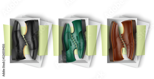 Shoes box. Realistic classic male footwear in open shoe cardboard packaging with tissue paper, leather boots with lacing, different shapes and colors, 3d isolated utter vector set